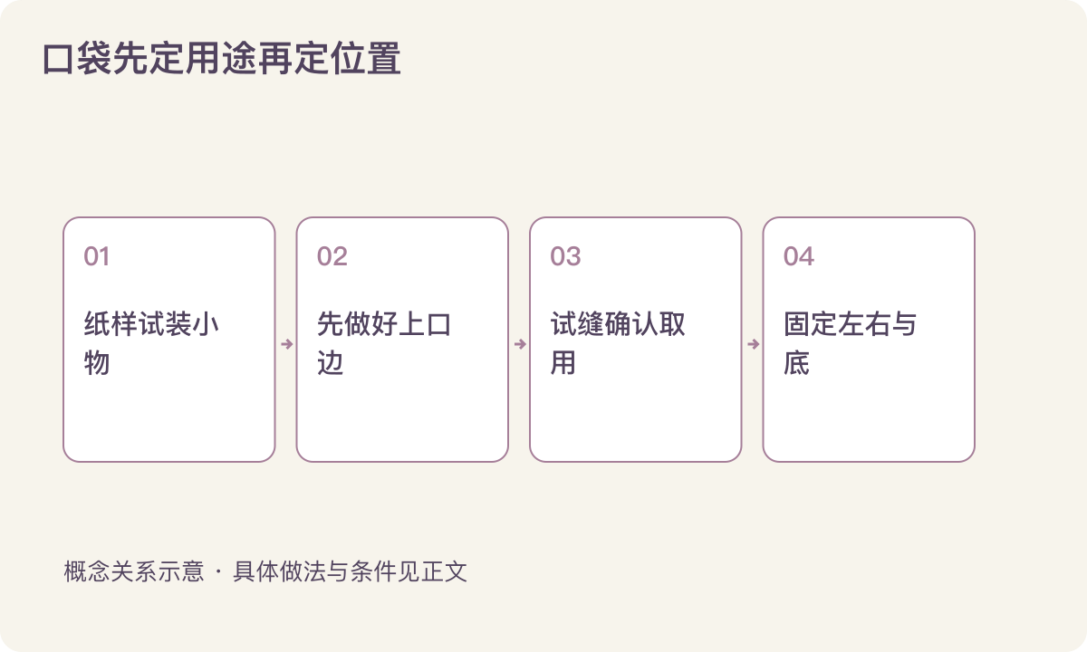 口袋先定用途再定位置:纸样试装小物;先做好上口边;试缝确认取用;固定左右与底