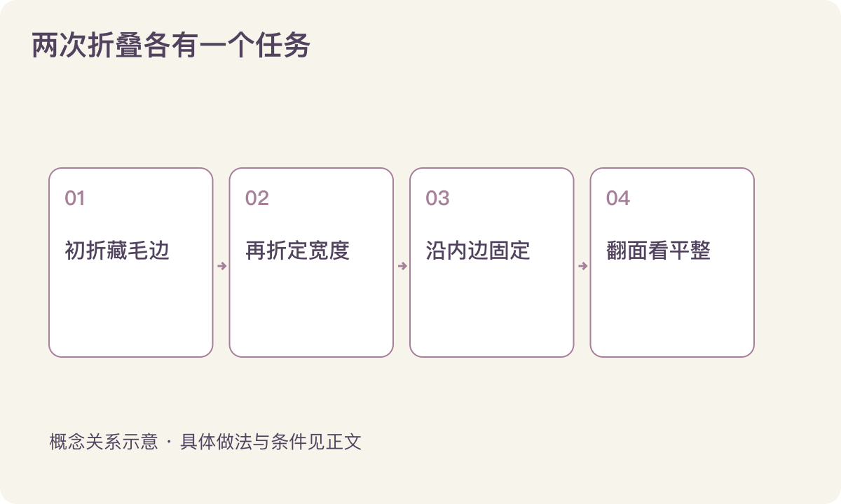 两次折叠各有一个任务：初折藏毛边；再折定宽度；沿内边固定；翻面看平整