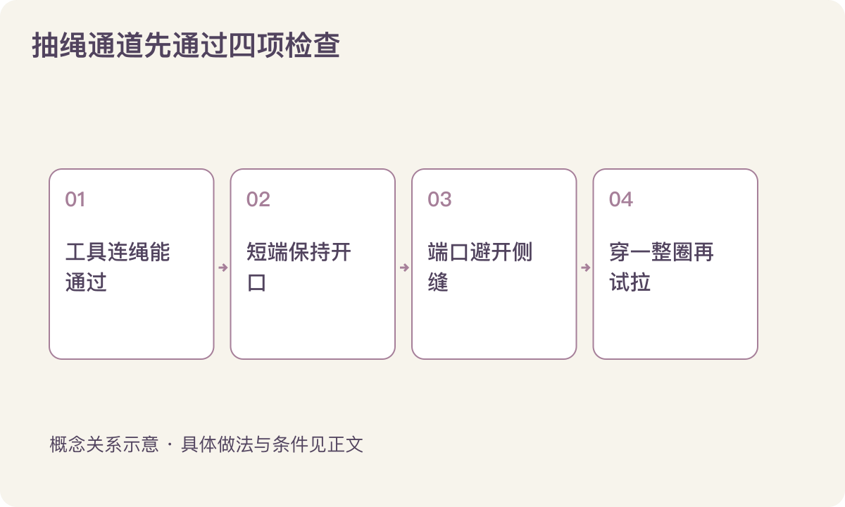 抽绳通道先通过四项检查：工具连绳能通过；短端保持开口；端口避开侧缝；穿一整圈再试拉