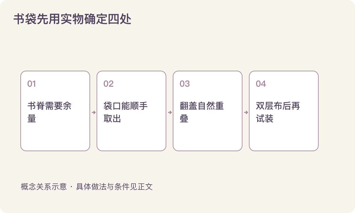 书袋先用实物确定四处:书脊需要余量;袋口能顺手取出;翻盖自然重叠;双层布后再试装