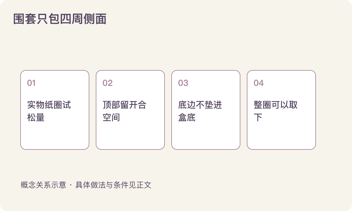 围套只包四周侧面:实物纸圈试松量;顶部留开合空间;底边不垫进盒底;整圈可以取下