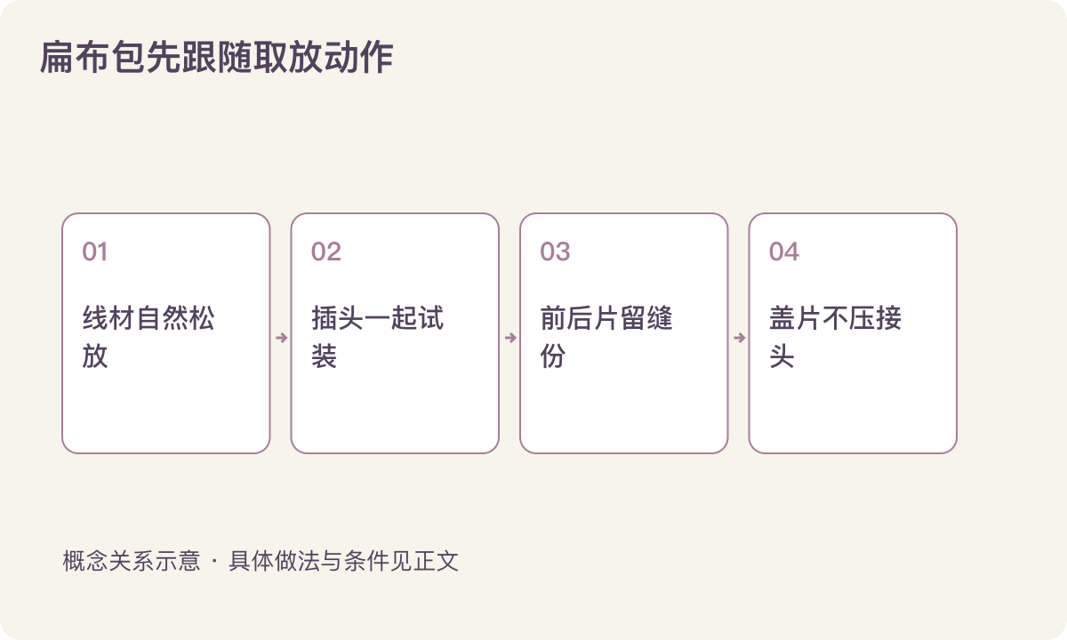 扁布包先跟随取放动作：线材自然松放；插头一起试装；前后片留缝份；盖片不压接头