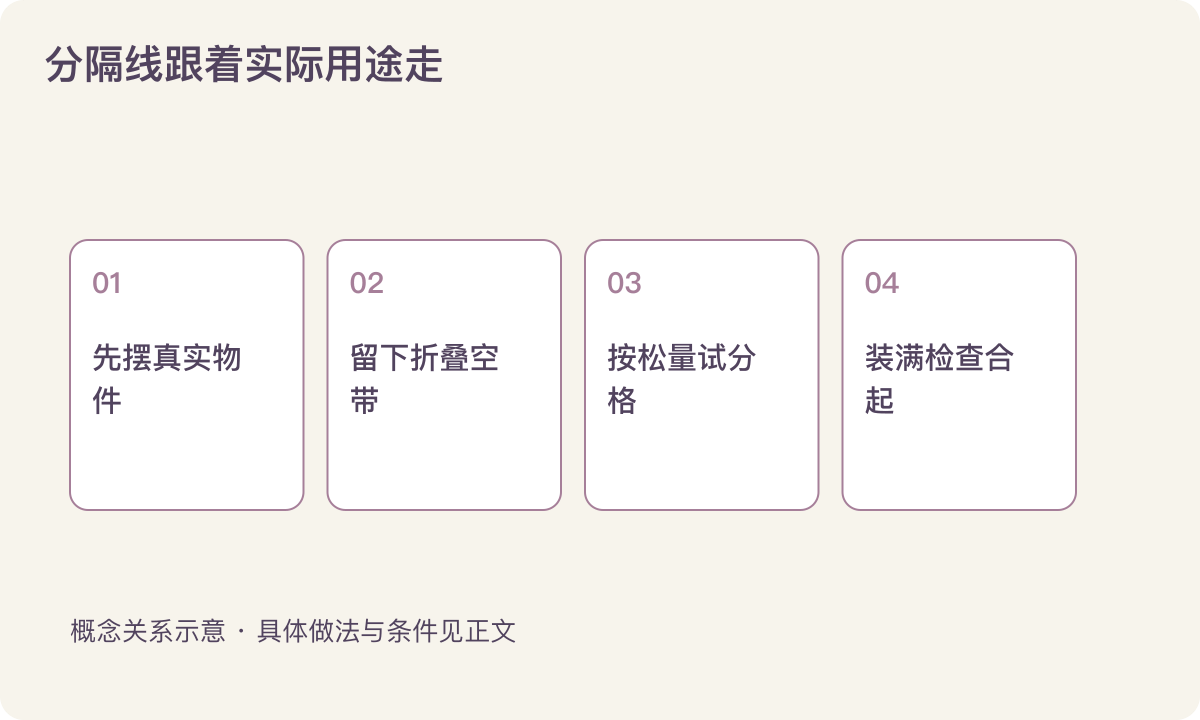 分隔线跟着实际用途走:先摆真实物件;留下折叠空带;按松量试分格;装满检查合起