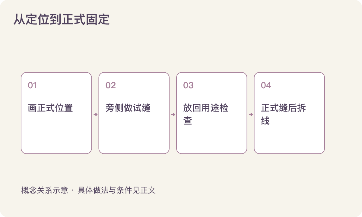 从定位到正式固定：画正式位置；旁侧做试缝；放回用途检查；正式缝后拆线