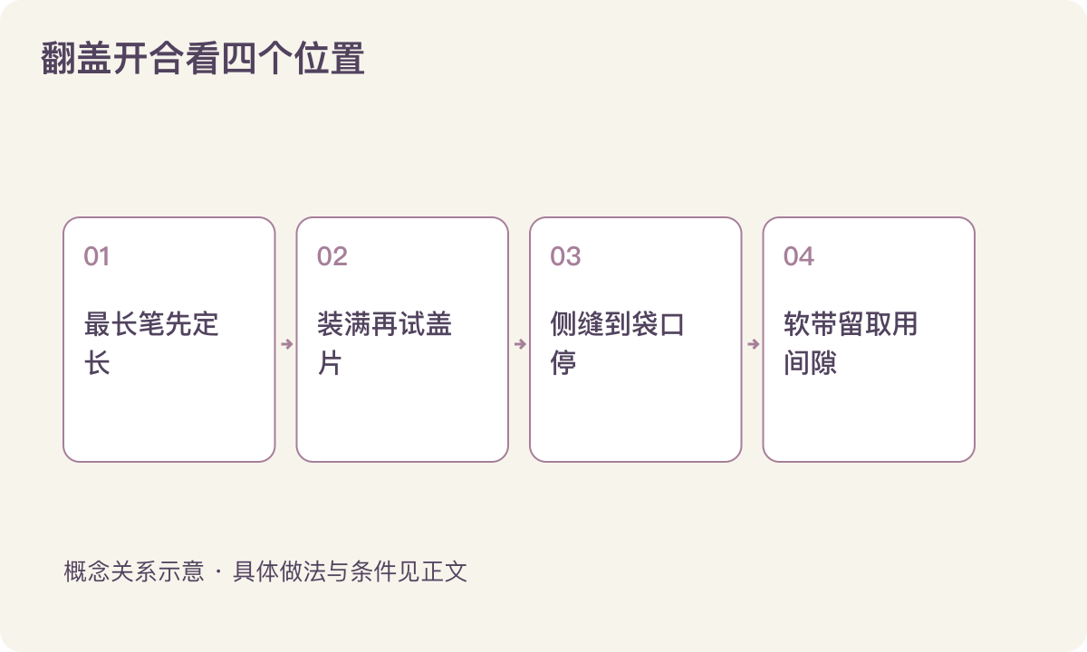 翻盖开合看四个位置：最长笔先定长；装满再试盖片；侧缝到袋口停；软带留取用间隙