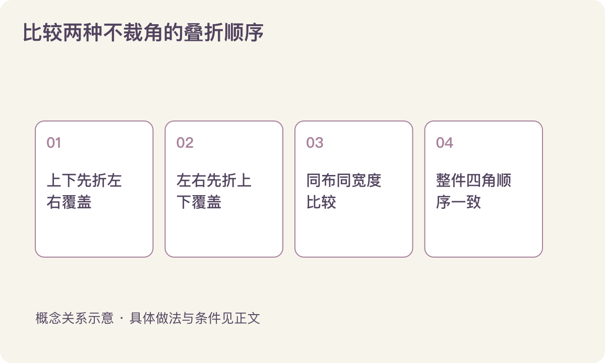 比较两种不裁角的叠折顺序：上下先折左右覆盖；左右先折上下覆盖；同布同宽度比较；整件四角顺序一致