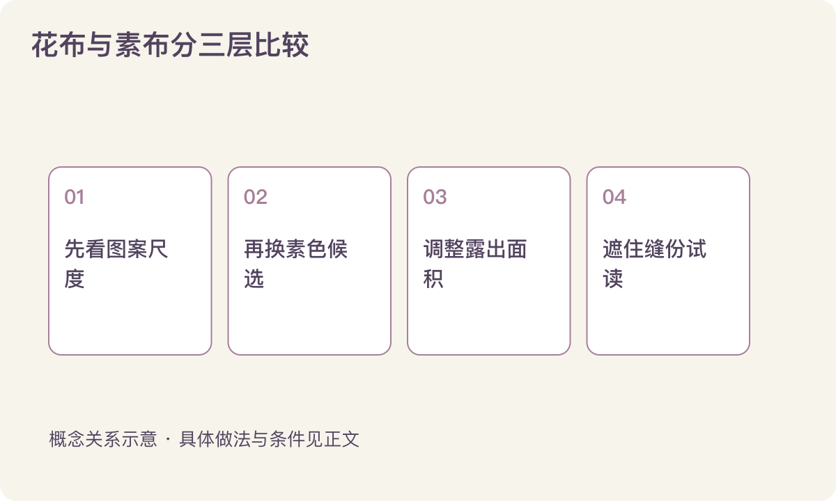 花布与素布分三层比较:先看图案尺度;再换素色候选;调整露出面积;遮住缝份试读