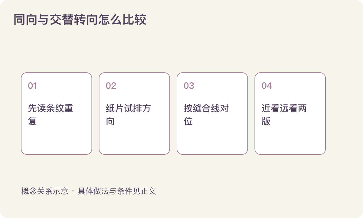 同向与交替转向怎么比较:先读条纹重复;纸片试排方向;按缝合线对位;近看远看两版