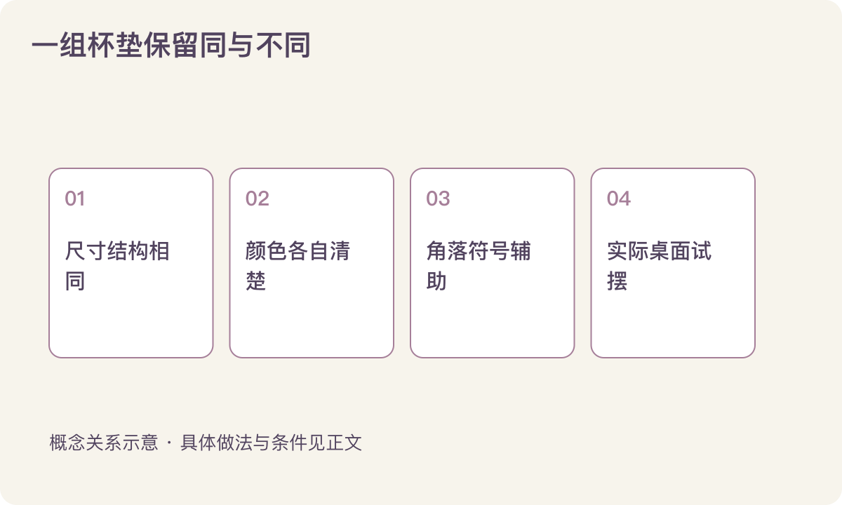 一组杯垫保留同与不同：尺寸结构相同；颜色各自清楚；角落符号辅助；实际桌面试摆