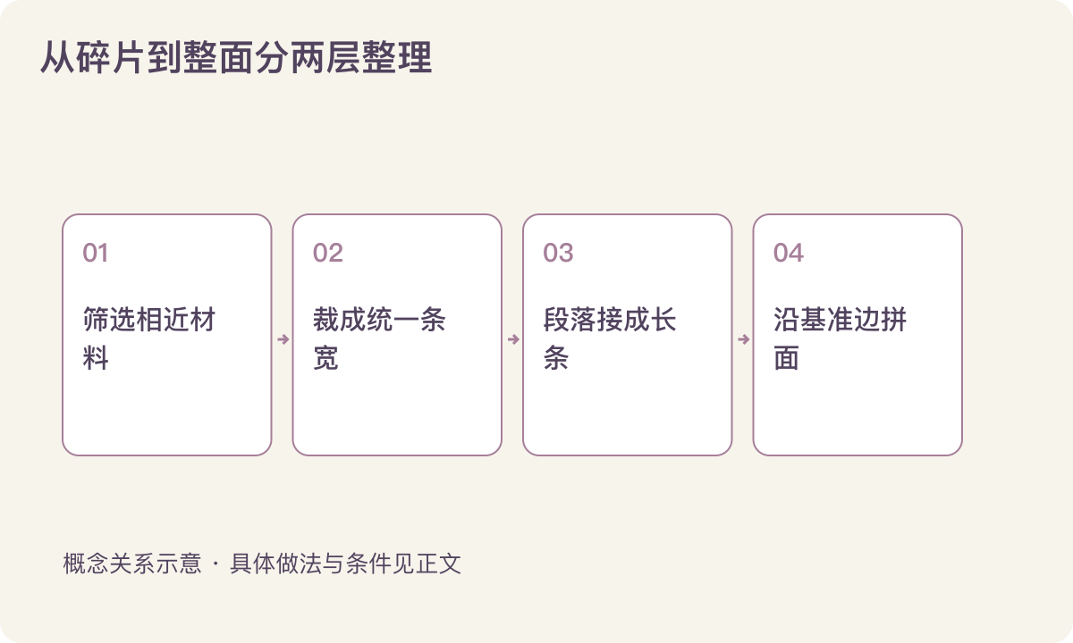 从碎片到整面分两层整理:筛选相近材料;裁成统一条宽;段落接成长条;沿基准边拼面