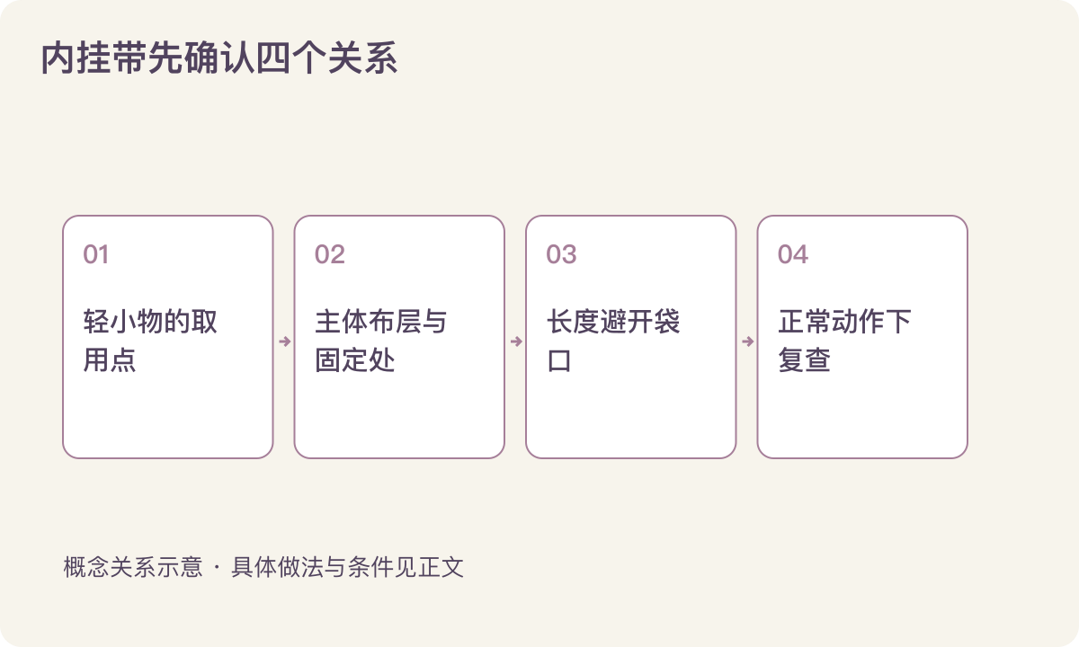 内挂带先确认四个关系：轻小物的取用点；主体布层与固定处；长度避开袋口；正常动作下复查