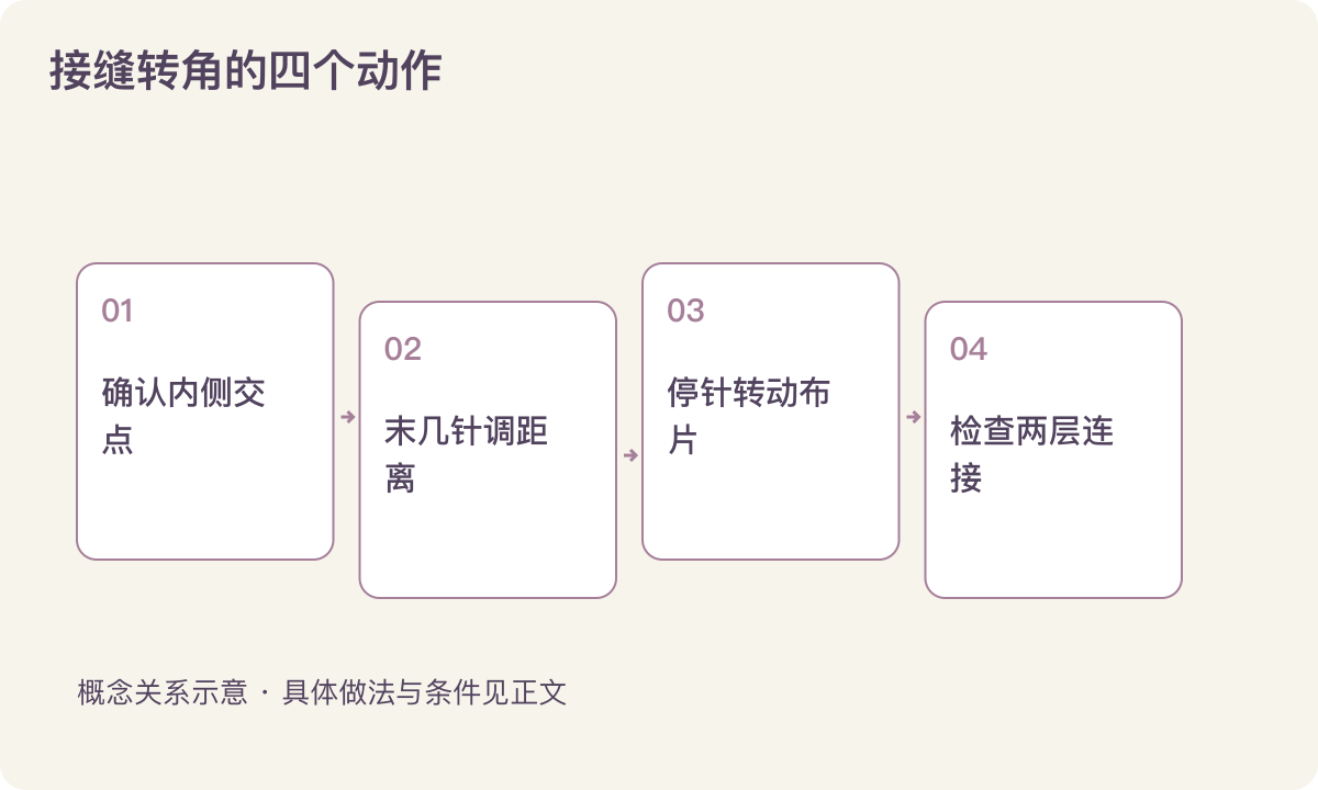 接缝转角的四个动作:确认内侧交点;末几针调距离;停针转动布片;检查两层连接