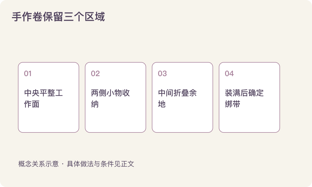 手作卷保留三个区域:中央平整工作面;两侧小物收纳;中间折叠余地;装满后确定绑带