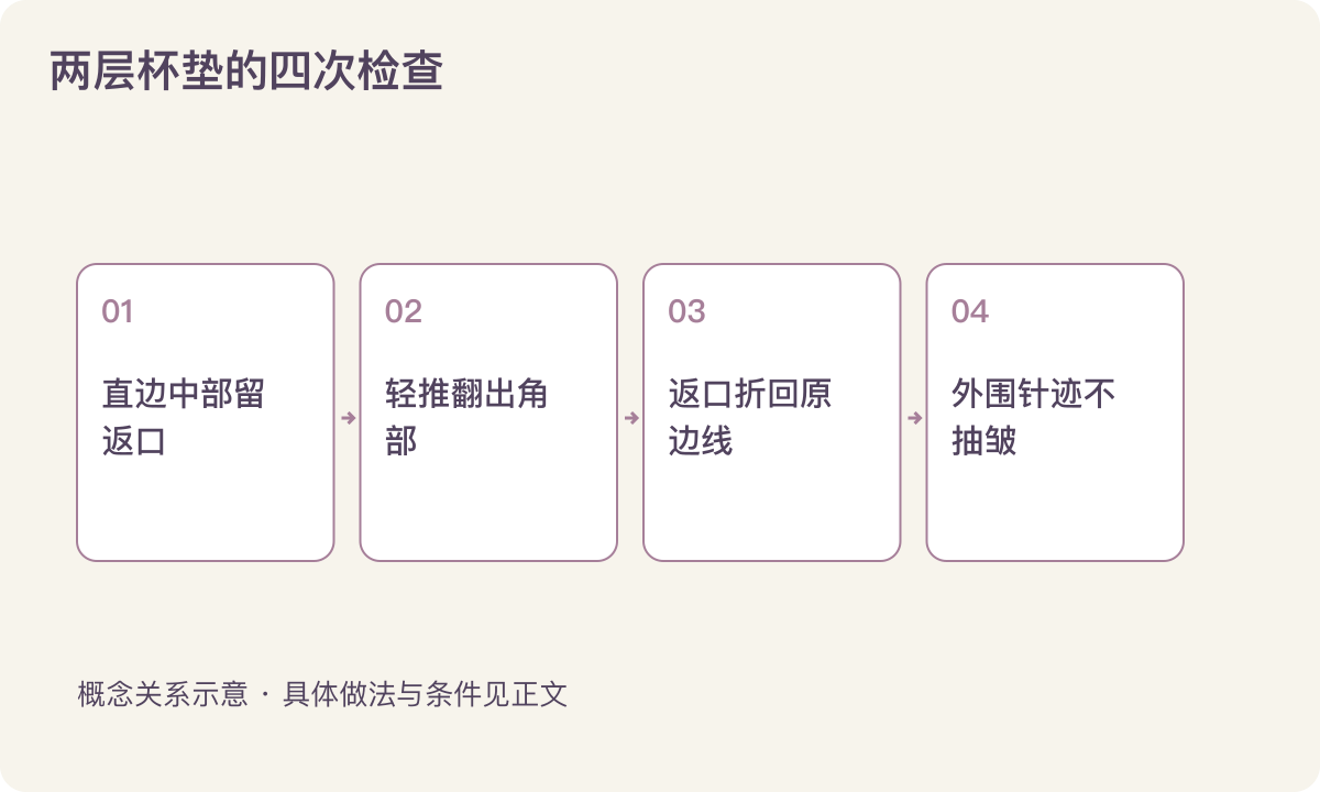 两层杯垫的四次检查：直边中部留返口；轻推翻出角部；返口折回原边线；外围针迹不抽皱